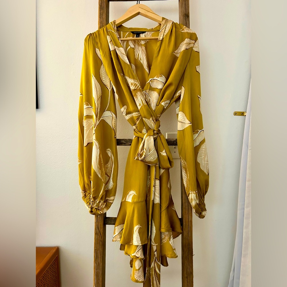 Mustard Gold Floral V-Neck Mini Dress